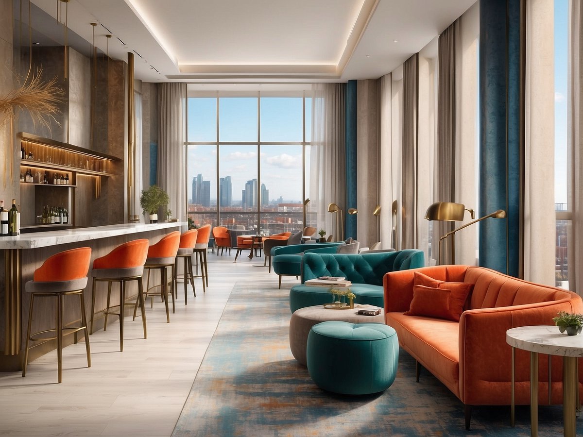 Die Lounge im NYX Hotel Dublin zeigt eine moderne und elegante Einrichtung mit einer stilvollen Bar, die von einer geschmackvollen Möblierung umgeben ist. Die Bar besteht aus einem hellen Marmortresen mit goldenen Details und einer Auswahl an Getränken im Hintergrund. Die Sitzgelegenheiten bestehen aus bequemen Sofas in kräftigen Farben wie Orange und Türkis sowie kleinen Tischen und Hockern. Große Fenster sorgen für viel Tageslicht und bieten einen Blick auf die Skyline der Stadt. Die Wände sind in sanften Tönen gehalten, während dekorative Lampen die Atmosphäre gemütlich machen.