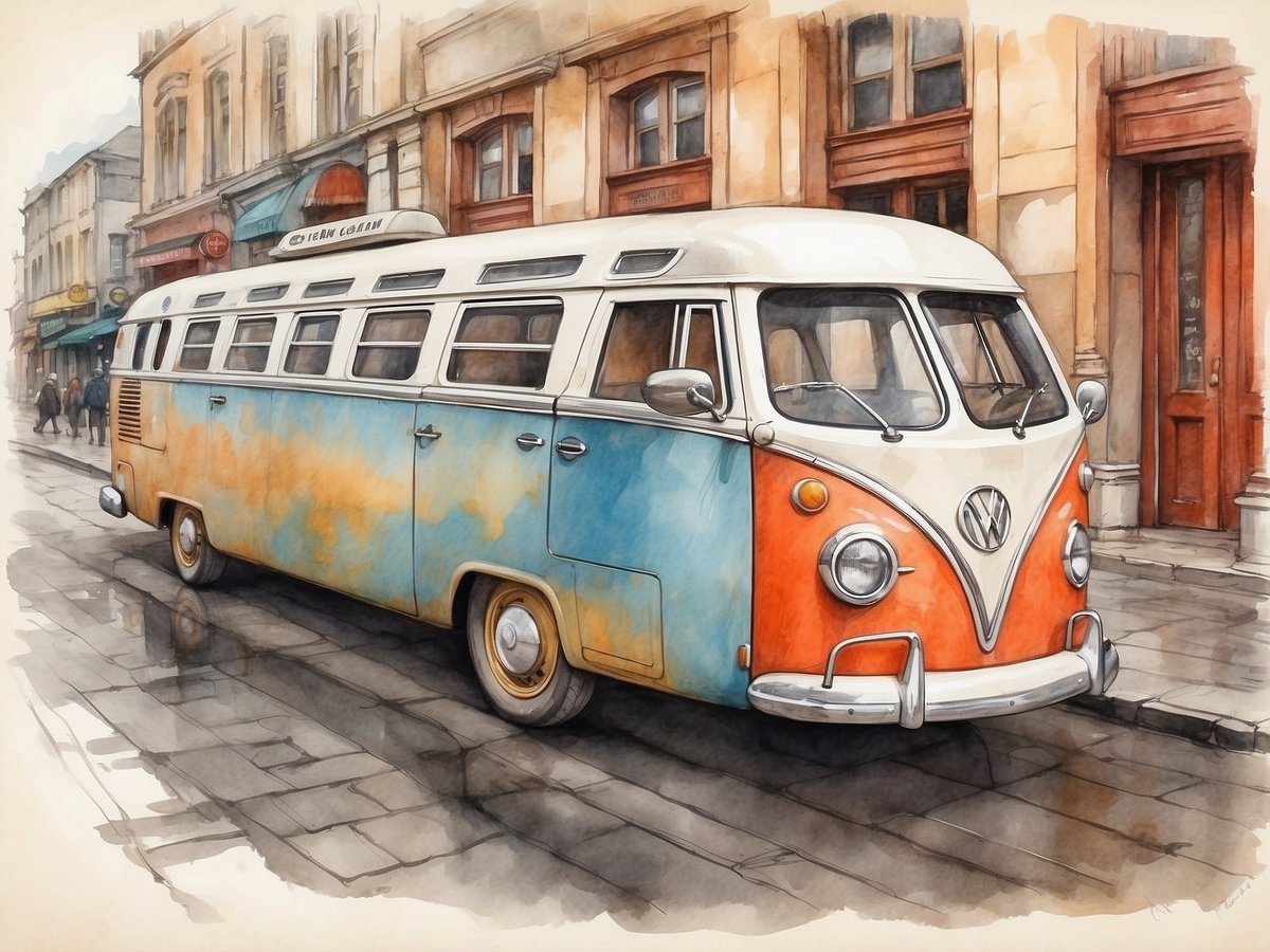 Ein farbenfroher VW-Bus steht auf einer Kopfsteinpflasterstraße. Der Bus ist in Orange und Blau lackiert und hat das klassische Design eines klassischen Kombis. Im Hintergrund sind historische Gebäude mit Schaufenstern und Terrassen zu sehen, während Passanten die Straße entlanggehen. Die Atmosphäre wirkt lebhaft und einladend.