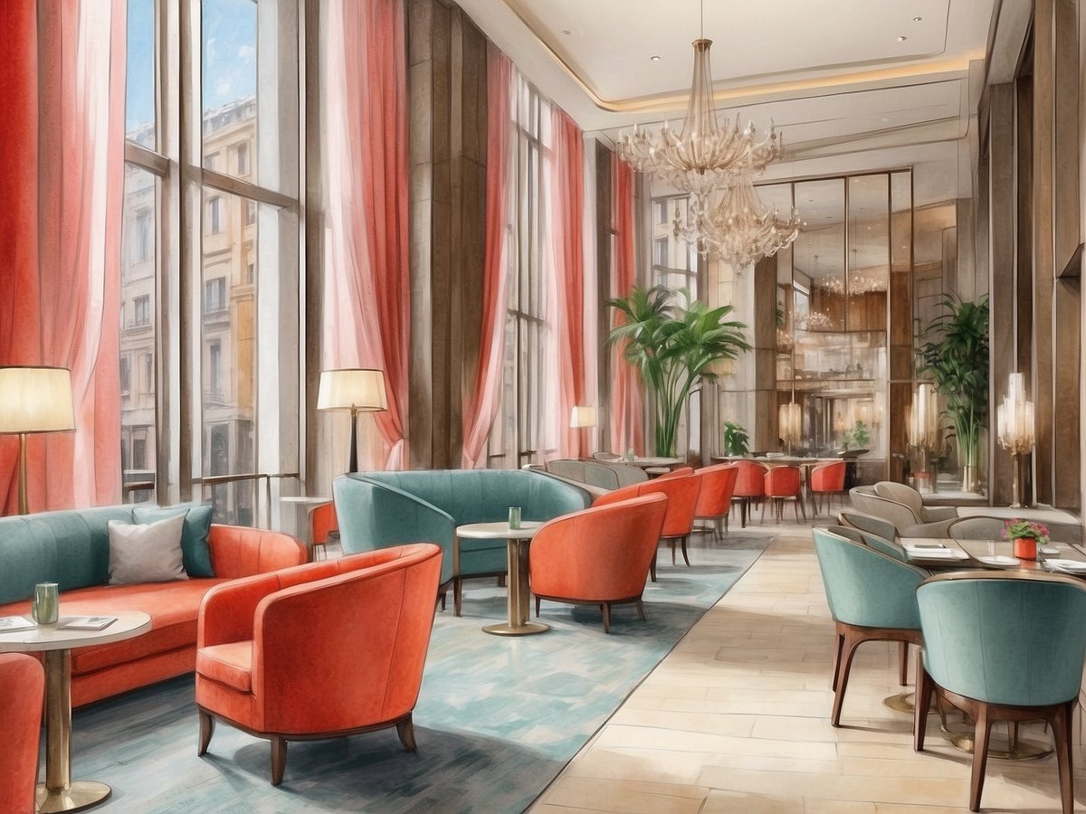 Der Innenraum des Leonardo Hotel Antwerp the Plaza zeigt eine elegante Lounge mit großen Fenstern, durch die Tageslicht strömt. Die Einrichtung umfasst farbige Sofas in Rot und Blau sowie runde Tische mit goldenen Tischbeinen. Weiche Teppiche und Pflanzen sorgen für eine einladende Atmosphäre. An der Decke hängt ein großer Kronleuchter, und stilvolle Vorhänge rahmen die Fenster. Die Wände sind mit spiegelnden Oberflächen versehen, die den Raum zusätzlich auflockern.