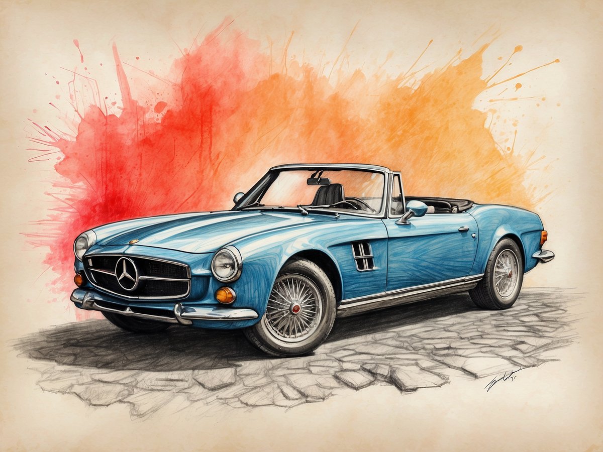 Ein blauer Sportwagen steht auf einem gepflasterten Untergrund. Der Wagen hat ein offenes Verdeck und besitzt eine elegante, klassische Form. Die Front des Fahrzeugs zeigt markante Scheinwerfer und ein auffälliges Markenemblem. Im Hintergrund sind leuchtende orange und rote Farbspritzer zu sehen, die dem Bild eine dynamische Note verleihen. Die gesamte Darstellung vermittelt einen künstlerischen, nostalgischen Charakter.