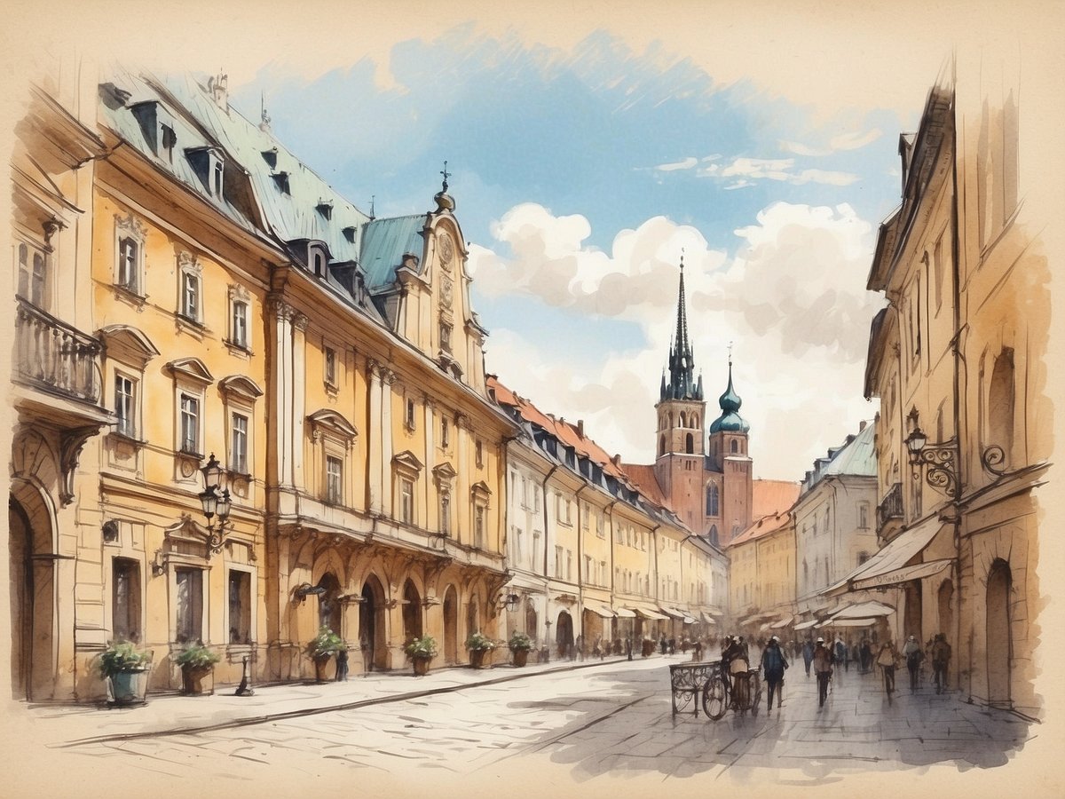 Die Szene zeigt eine malerische Straße in Krakau mit historischen, gelb gestrichenen Gebäuden und einem klaren blauen Himmel. Im Hintergrund ragt ein imposantes Kirchturmgebäude empor, dessen zwei spitze Türme und eine goldene Kuppel auffallen. Die Straße ist mit Fußgängern und Fahrrädern belebt, während große Pflanzgefäße mit grünen Pflanzen die Gehwege schmücken. Die Atmosphäre wirkt einladend und lebhaft, typisch für die Altstadt von Krakau.