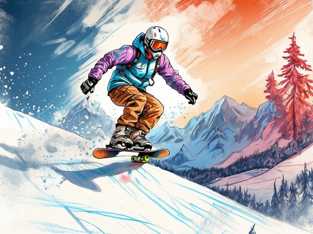 Auf dem Bild ist ein Freestyle-Snowboarder zu sehen, der dynamisch eine Schneepiste hinunterfährt. Der Snowboarder trägt einen farbenfrohen Anzug mit einer Jacke in Blau und Lila sowie einer weißen Skimaske und Sonnenbrille. Im Hintergrund erheben sich majestätische Berge, während der Himmel in warmen Farben leuchtet, die eine spannende Atmosphäre erzeugen. Die Umgebung ist mit Schnee und einigen Tannenbäumen geschmückt, was die winterliche Landschaft unterstreicht.