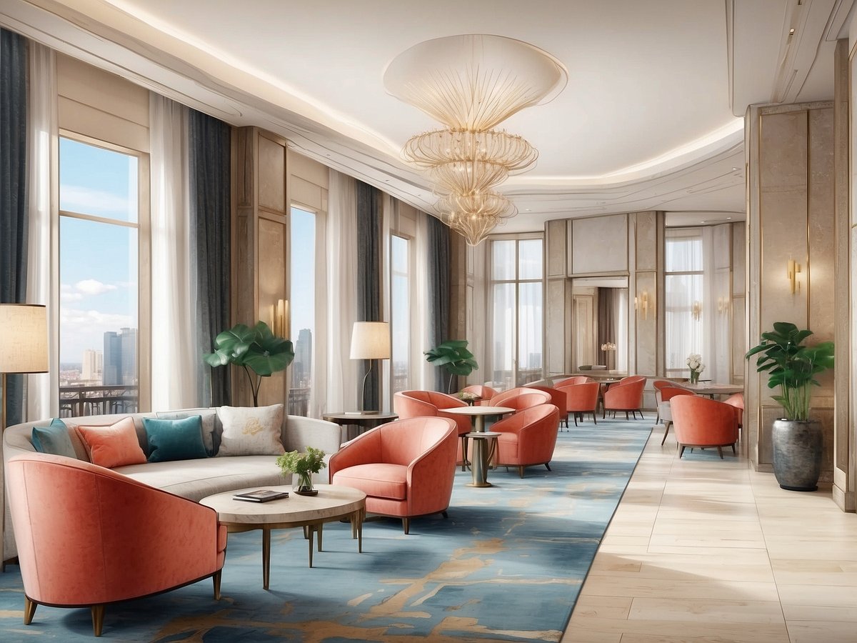 Ein eleganter Lounge-Bereich im NYX Hotel Warsaw mit modernen, gepolsterten Möbeln in sanften Farben. Rosa Sessel und eine helle Couch sind um einen runden Tisch gruppiert. Große Fenster lassen viel Tageslicht herein und bieten einen Blick auf die Stadt. Dezente Pflanzen und stilvolle Stehlampen ergänzen die gemütliche Atmosphäre. Der Boden ist mit einem hellen Teppich mit goldenen Akzenten designed, und eine auffällige Deckenleuchte sorgt für zusätzlichen Glanz im Raum.