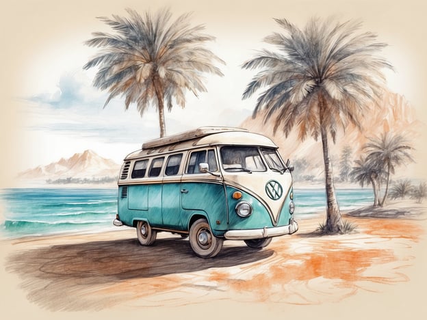 Auf dem Bild ist ein klassischer VW Bulli zu sehen, der an einem malerischen Strand mit Palmen und einer ruhigen Meereslandschaft parkt. Es vermittelt eine entspannte Urlaubsatmosphäre.

Hier sind einige Tipps für einen gelungenen Aufenthalt:

1. **Erkunde die Umgebung**: Nutze die Natur, um die Gegend zu erkunden. Wandern oder Radfahren bietet tolle Ausblicke.
2. **Packe ausreichend Sonnenschutz ein**: Die Sonne kann stark sein. Sonnencreme, Hüte und Sonnenbrillen sind wichtig.
3. **Genieße lokale Küche**: Probiere regionale Spezialitäten und besuche vertrauenswürdige Restaurants.
4. **Stelle sicher, dass du ausreichend Wasser dabei hast**: Hydration ist besonders wichtig, wenn du Zeit im Freien verbringst.
5. **Entspanne dich am Strand**: Nimm dir Zeit zum Entspannen, schwimmen und einfach die Aussicht genießen.
6. **Plane Aktivitäten im Voraus**: Überlege dir, welche Aktivitäten du unternehmen möchtest, um das Beste aus deinem Aufenthalt herauszuholen.

Viel Spaß bei deinem Aufenthalt!