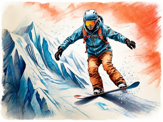 Auf dem Bild ist ein Snowboardfahrer zu sehen, der einen Hang hinunterfährt. Er trägt eine auffällige blaue Jacke und helle, beige Snowboardhosen. Sein Helm und die Sonnenbrille schützen ihn vor den Witterungsbedingungen. Im Hintergrund erheben sich schneebedeckte Berge, die in verschiedenen Blautönen gehalten sind. Der Himmel ist in einem warmen Orangeton gefärbt, was einen interessanten Kontrast zu den kalten Farben der Berge schafft. Außerdem ist die gesamte Szene in einem künstlerischen, fast malerischen Stil gehalten, was dem Bild eine besondere Dynamik verleiht.