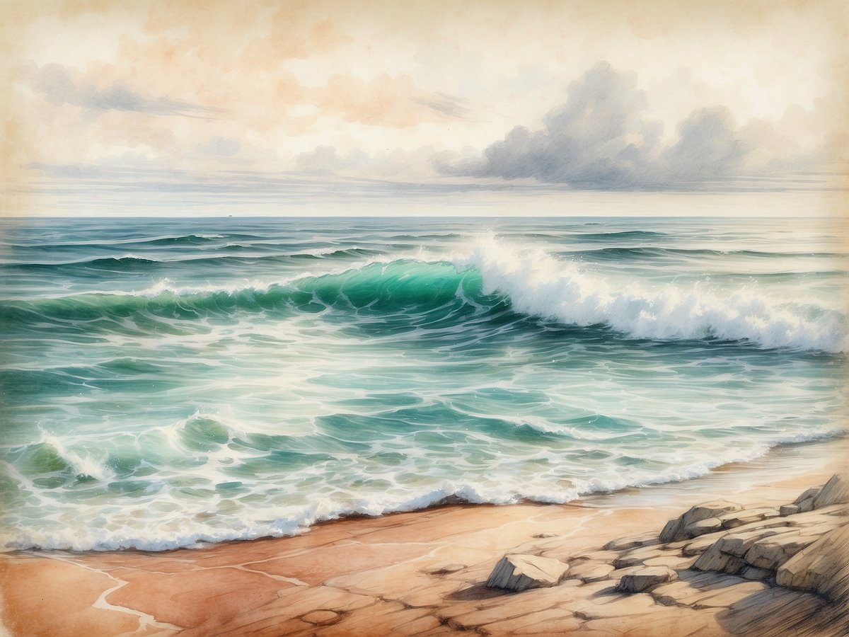 Das Bild zeigt eine ruhige Küstenlandschaft mit sanften, welligen Wellen, die auf einen sandigen Strand treffen. Im Vordergrund sind feine Sandflächen und einige große, glatte Steine zu sehen. Die Wellen spiegeln verschiedene Grüntöne wider und brechen sanft an der Küste. Der Himmel ist hell mit zarten Wolkenformationen und einem sanften Farbverlauf. Am Horizont ist ein kleines Schiff zu erkennen, das in der Ferne gleitet. 

Die Bezeichnung Ostsee statt Ostmeer könnte sich aus historischen und geografischen Gründen ergeben, da "See" oft für kleinere, eingekreiste Gewässer verwendet wird, während "Meer" tendenziell größere Ozeane bezeichnet.