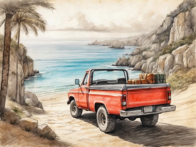 Auf dem Bild ist ein roter Pickup-Truck zu sehen, der an einem Strandparkplatz steht. Im Hintergrund sieht man eine malerische Küstenlandschaft mit Felsen und dem blauen Meer. 

Diese Szene lädt zu verschiedenen Freizeit- und Unterhaltungsmöglichkeiten ein. Man könnte beispielsweise einen Ausflug zum Strand machen, schwimmen oder schnorcheln gehen. Auch Fahrradtouren entlang der Küste oder Picknicks im Freien wären hier sehr angenehm. Zudem bietet sich die Möglichkeit, die landschaftliche Schönheit zu genießen und zu fotografieren. Ein kleiner Roadtrip zu diesem Ort wäre ebenfalls eine tolle Idee, um die Natur zu erkunden und sich zu entspannen.