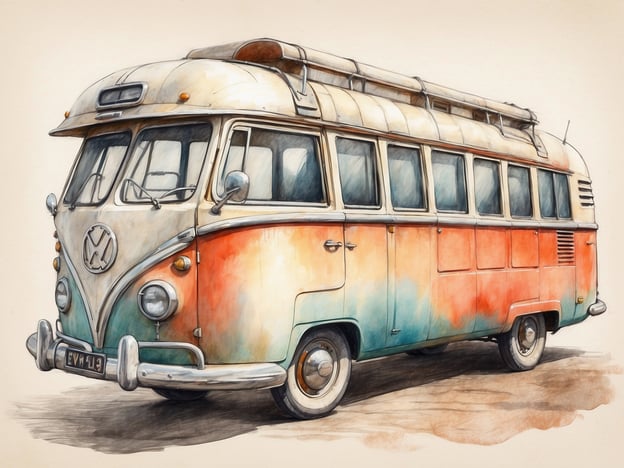 Auf dem Bild ist ein alter Volkswagen-Bus zu sehen. Er hat eine charakteristische Form mit runden Frontscheinwerfern und einer nostalgischen Farbgebung, die orange und blau/grünliche Akzente aufweist. Der Bus hat ein Dach mit einer Dachträger, was darauf hindeutet, dass er für Reisen oder Camping genutzt werden könnte. Innen könnte er mit Sitzen ausgestattet sein oder eine kleine Küche und Schlafgelegenheiten bieten, typisch für Camper und Wohnmobile.