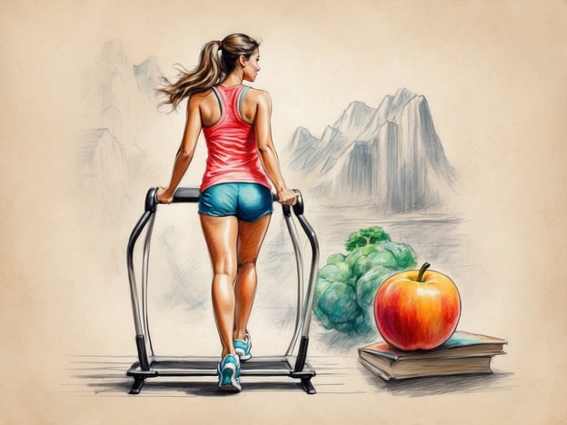 Auf dem Bild ist eine Frau zu sehen, die auf einem Fitnessgerät trainiert. Neben ihr befinden sich ein roter Apfel und Brokkoli, was auf gesunde Ernährung hinweist. Das Bild symbolisiert den Einklang zwischen Sport und Ernährung. Regelmäßige Bewegung, wie das Training auf dem Gerät, unterstützt die körperliche Fitness, während eine ausgewogene Ernährung mit frischem Obst und Gemüse wie Äpfeln und Brokkoli die Gesundheit fördert. Zusammen bilden sie eine ideale Basis für ein gesundes Lebensstil.