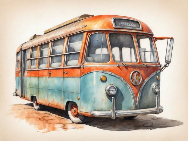 Auf dem Bild ist ein alter, bunt lackierter Bus zu sehen, der an ein klassisches Fahrzeug erinnert. Der Bus hat große Fenster und eine markante Form, die an nostalgische Reise- und Verkehrsbusse erinnert. Die Farben sind hauptsächlich in einem sanften Blau und Orange gehalten, was ihm ein freundliches und einladendes Erscheinungsbild verleiht. Die Ausstattung innen ist nicht sichtbar, aber man kann sich vorstellen, dass der Bus über Sitzplätze und möglicherweise eine einfache Ausstattung für Reisen verfügt.