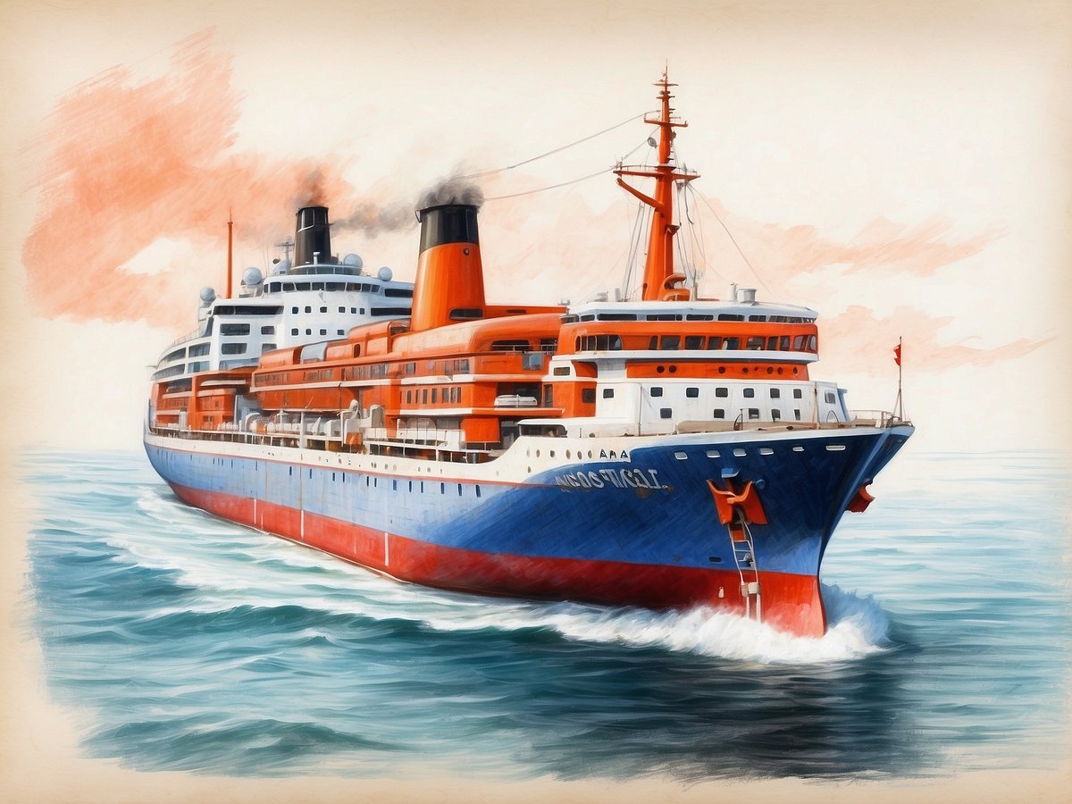 Ein großes Kreuzfahrtschiff fährt durch ruhiges Wasser. Es hat einen markanten roten und blauen Rumpf sowie zwei hohe Schornsteine, aus denen schwarzer Rauch aufsteigt. Der Himmel ist in sanften Pastelltönen gehalten, die eine malerische Kulisse darstellen. Das Schiff sieht majestätisch aus und vermittelt ein Gefühl von Reisen und Abenteuer auf dem Meer. Hamburg ist ein Bundesland in Deutschland.