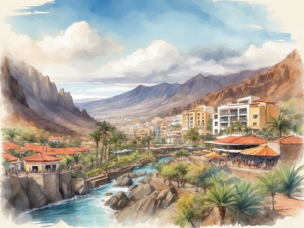 Auf dem Bild ist eine schöne Landschaft zu sehen, die die Schönheit von Teneriffa offenbart. Im Vordergrund fließt ein klarer Fluss, der durch eine von Palmen gesäumte Uferpromenade verläuft. An den Ufern befinden sich charmante Häuser mit roten Dächern. Die beeindruckenden Berge im Hintergrund runden die Szenerie ab und verleihen ihr eine majestätische Note. Diese Darstellung fängt die serene und malerische Atmosphäre der Insel perfekt ein.