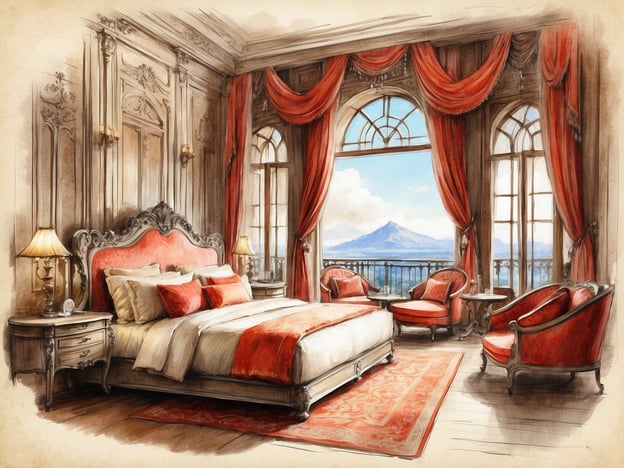 Auf dem Bild ist ein elegantes Schlafzimmer zu sehen, das mit einem großen, gepolsterten Bett, roten Vorhängen und stilvollen Möbeln ausgestattet ist. Die Einrichtung hat einen klassischen, opulenten Stil, mit viel Liebe zum Detail, einschließlich dekorativer Elemente an Wänden und Möbeln. Durch die großen Fenster hat man einen Blick auf eine landschaftliche Umgebung, die von einem Gebirge geprägt ist.

### Überblick über NH Hotels in Timișoara

Die NH Hotels in Timișoara bieten eine Kombination aus modernem Komfort und eleganter Atmosphäre. Zu den Annehmlichkeiten gehören geräumige Zimmer, eine voll ausgestattete Bar und oft auch Fitnessbereiche. Die Hotels sind günstig gelegen, häufig in der Nähe von Sehenswürdigkeiten, was sie zu einer idealen Wahl für geschäftliche und private Reisen macht. Gäste können sich auf ausgezeichneten Service, kostenloses WLAN und zahlreiche Konferenzmöglichkeiten freuen.