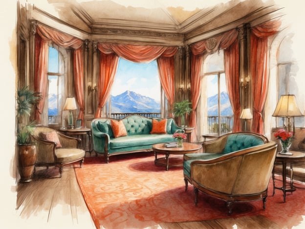 Auf dem Bild ist ein elegantes Wohnzimmer zu sehen, das mit großen Fenstern ausgestattet ist, durch die ein herrlicher Blick auf die Berge sichtbar ist. Die Wände sind mit roten Vorhängen geschmückt, die dem Raum eine luxuriöse Atmosphäre verleihen. 

In der Mitte des Raumes steht ein schöner, runder Tisch, umgeben von stilvollen Sofas und Stühlen, die in sanften Farben gestaltet sind. Eine Stehlampe sorgt für warmes Licht, während ein paar Pflanzen und Blumenarrangements dem Raum Leben und Farbe geben. Der Boden ist mit einem eleganten Teppich ausgelegt, der dem gesamten Ambiente behilflich ist. Diese Annehmlichkeiten schaffen eine angenehme und einladende Atmosphäre zum Entspannen oder für gesellige Zusammenkünfte.