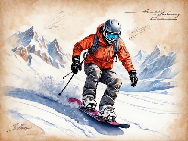 Auf dem Bild ist ein Snowboarder zu sehen, der in einer schneebedeckten Berglandschaft fährt. Er trägt eine orangefarbene Jacke, einen Helm und eine Skibrille. Der Hintergrund zeigt majestätische, schneebedeckte Berge. 

Falls du Informationen über einen Kurs zum Snowboarden suchst, könnte dieser beispielsweise die folgenden Inhalte haben:

- Grundlagen des Snowboardens
- Sicherheitsaspekte
- Technik und Tricks 
- Ausrüstung und Pflege

Die Dauer eines solchen Kurses variiert, könnte aber typischerweise von ein paar Tagen bis zu mehreren Wochen reichen, je nach Intensität und Zielgruppe.