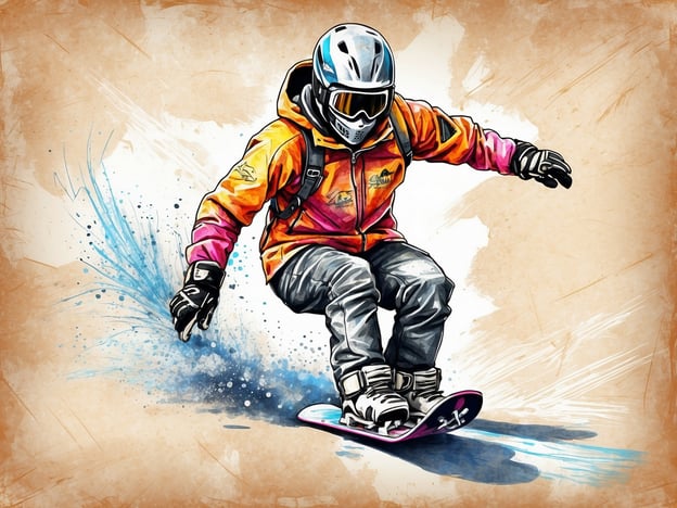 Auf dem Bild ist eine stilisierte Illustration eines Snowboarders zu sehen, der sich in einer dynamischen Pose auf einem Snowboard befindet. Der Snowboarder trägt eine schützende Ausrüstung, einschließlich eines Helms und einer farbenfrohen Jacke. Die Darstellung zeigt eine Bewegungsdynamik durch splatterähnliche Effekte, die auf das Gleiten im Schnee hinweisen.

Wenn es um Zertifizierungsprozesse und -anforderungen geht, könnten folgende Aspekte berücksichtigt werden:

1. **Sicherheitsanforderungen**: Die Schutzkleidung und Ausrüstung des Snowboarders sollten den Sicherheitsstandards entsprechen, um Verletzungen zu minimieren.
  
2. **Spezifikationen für Ausrüstung**: Alle eingesetzten Materialien, wie das Snowboard und die Sicherheitsausrüstung, sollten nach standardisierten Zertifizierungen wie ISO oder EN geprüft werden.

3. **Schulungen**: Snowboarder sollten an zertifizierten Schulungen teilnehmen, um ihre Fähigkeiten und Kenntnisse über Sicherheitsmaßnahmen zu vertiefen. 

Diese Anforderungen gewährleisten nicht nur die Sicherheit der Sportler, sondern auch eine qualitativ hochwertige Ausführung des Sports.