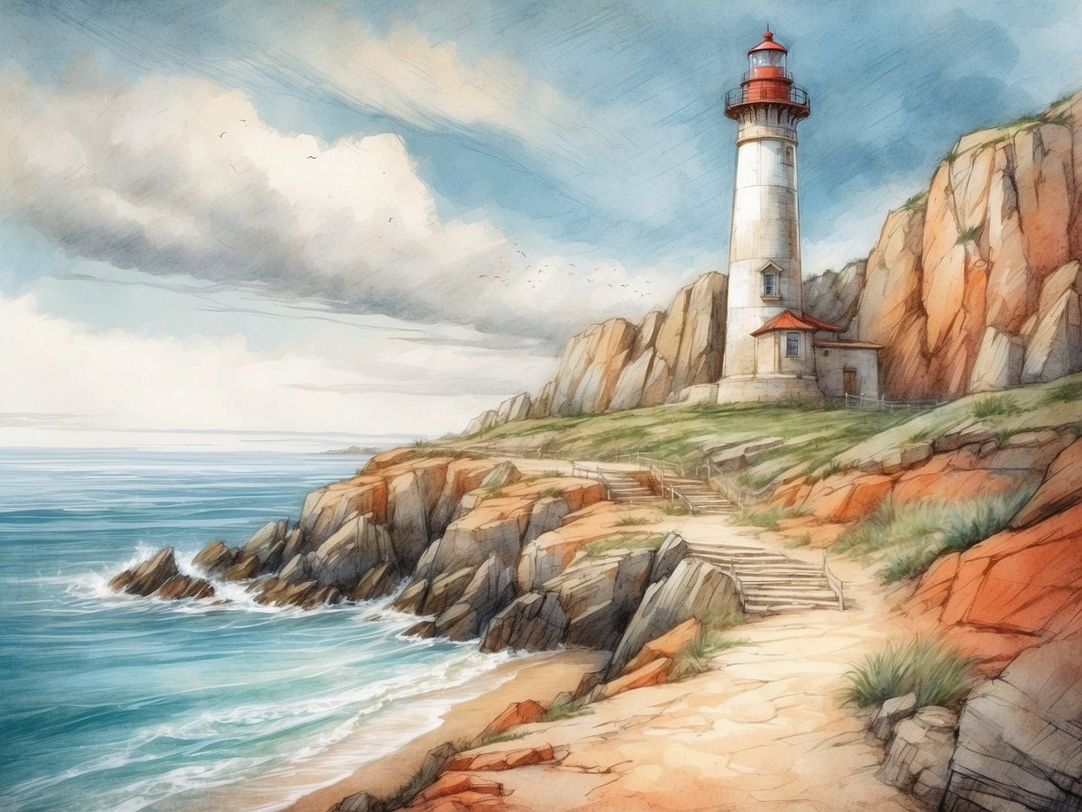 Das Bild zeigt einen Leuchtturm, der auf einer Klippe an der Küste steht. Um den Leuchtturm herum verlaufen steile Felsen, die ins Meer ragen. Das Wasser ist klar und blau, und die Wellen schlagen sanft gegen die Felsen. Der Himmel ist leicht bewölkt mit einigen Bürstenstrichen, die eine ruhige Atmosphäre vermitteln. Eine Treppe führt von der Klippe hinunter zur Küste, und das umliegende Gras wächst in sanften Hügeln. Dies sind die malerischen Ausläufer der Nordsee.
