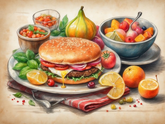 Auf dem Bild ist ein appetitlicher Hamburger zu sehen, der mit frischen Zutaten wie Tomaten, Zwiebeln und Salat belegt ist. Um den Hamburger herum sind verschiedene Beilagen platziert, darunter eine Schüssel mit buntem Obstsalat, der aus verschiedenen Früchten besteht, und ein kleiner Behälter mit Gemüse. Dazu gibt es auch einige Zitrusfrüchte wie Zitronen und Orangen, die das Gericht zusätzlich erfrischen. Diese Anordnung zeigt eine harmonische Kombination aus Gastronomie und Freizeitangeboten, ideal für ein entspanntes Essen oder ein Picknick.