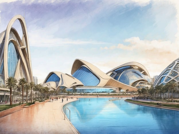 Auf dem Bild ist eine futuristische Architektur zu sehen, die stark an die Ciudad de las Artes y las Ciencias in Valencia erinnert. Diese beeindruckenden Gebäude sind von funktionalistischen und organischen Formen geprägt und liegen in einer weitläufigen, parkähnlichen Umgebung mit Wasserflächen und Palmen. 

Das NH Hotel Valencia Las Ciencias befindet sich in unmittelbarer Nähe zu dieser Attraktion, sodass es einen idealen Ausgangspunkt für Besuche der beeindruckenden Architektur und der kulturellen Einrichtungen der Stadt bietet.