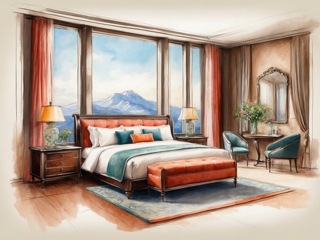 Auf dem Bild ist ein elegantes Schlafzimmer zu sehen. Es ist mit großen Fenstern ausgestattet, die einen schönen Blick auf eine Berglandschaft bieten. 

Die Ausstattung umfasst:

- Ein großes, komfortables Bett mit einer orangefarbenen und teal-farbenen Bettdecke.
- Nachttische auf beiden Seiten des Bettes, einer davon mit einer Lampe und einer Vase mit einer Pflanze.
- Ein gemütlicher Hocker am Fußende des Bettes.
- Zwei stilvolle Stühle in einerTeal-Farbe, die um einen kleinen Tisch gruppiert sind.
- An einer Wand gibt es einen Spiegel und eine Vase mit frischen Blumen.
- Der Boden ist aus Holz und ein dekorativer Teppich ergänzt die Einrichtung. 

Die Umgebung strahlt eine freundliche und einladende Atmosphäre aus.