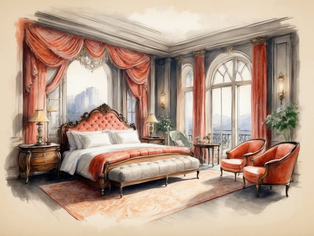 Auf dem Bild ist ein elegantes Zimmer zu sehen, das als luxuriöse Suite gestaltet ist. Die Suite verfügt über ein großes, bequemes Bett mit opulenter Bettwäsche und einer stilvollen Kopfmatte. Neben dem Bett stehen Nachttische mit Lampen. Der Raum ist hell und lichtdurchflutet, da große Fenster mit roten Vorhängen vorhanden sind, die einen schönen Blick nach draußen bieten. Es gibt auch gemütliche Sessel und einen kleinen Tisch, die zum Entspannen einladen. Die Wand- und Bodenverzierungen sowie der Teppich unterstreichen die luxuriöse Atmosphäre des Zimmers.