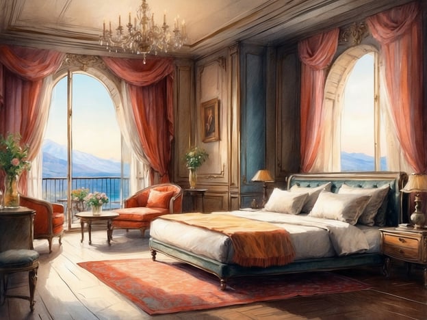 Auf dem Bild ist ein elegantes Schlafzimmer zu sehen. Der Raum ist stilvoll und großzügig gestaltet, mit großen Fenstern, durch die man eine malerische Aussicht auf eine Landschaft mit Bergen und Wasser hat. Der Schlafbereich ist mit einem großen Bett ausgestattet, das mit weichen Kissen und einer Decke dekoriert ist. Neben dem Bett steht ein Nachttisch mit einer Lampe. 

Es gibt auch einen gemütlichen Sitzbereich mit zwei Sessel und einem Tisch. Die Fenster sind mit schweren Vorhängen in warmen Farben geschmückt, und es gibt Blumenarrangements, die dem Raum eine frische und einladende Atmosphäre verleihen. Der Boden ist aus Holz und ein Teppich vervollständigt die elegante Einrichtung. Alles zusammen vermittelt den Eindruck eines luxuriösen und komfortablen Rückzugsortes.