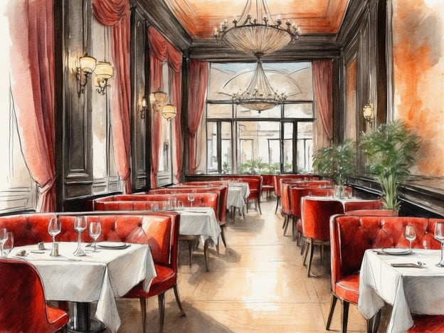 Auf dem Bild ist ein elegantes Restaurant zu sehen. Es verfügt über rote, gepolsterte Sitzbänke und Tische mit weißen Tischdecken. Die Dekoration wirkt luxuriös, mit einer großen Deckenleuchte und roten Vorhängen. Es gibt Pflanzen, die eine angenehme Atmosphäre schaffen. Die Gestaltung lässt auf ein gehobenes Restaurant schließen, ideal für besondere Anlässe oder romantische Dinner.