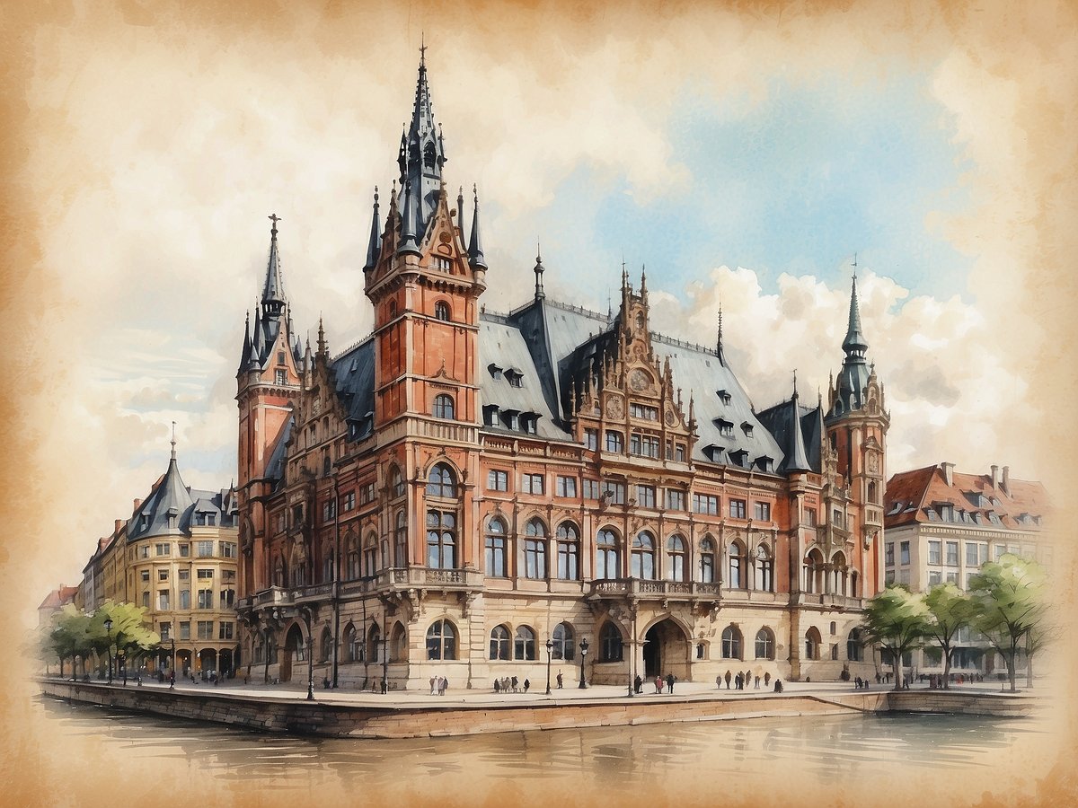 Das Bild zeigt ein beeindruckendes historisches Gebäude in Bremen, das durch seine markanten Türme und die prachtvolle Architektur besticht. Es ist am Wasser gelegen, umgeben von Bäumen und kleinen Menschen, die am Ufer spazieren. Der Himmel ist hell und leicht bewölkt, was der Szene eine freundliche Atmosphäre verleiht. Dieses architektonische Meisterwerk lädt dazu ein, die Umgebung zu erkunden und die Geschichte Bremens zu entdecken.