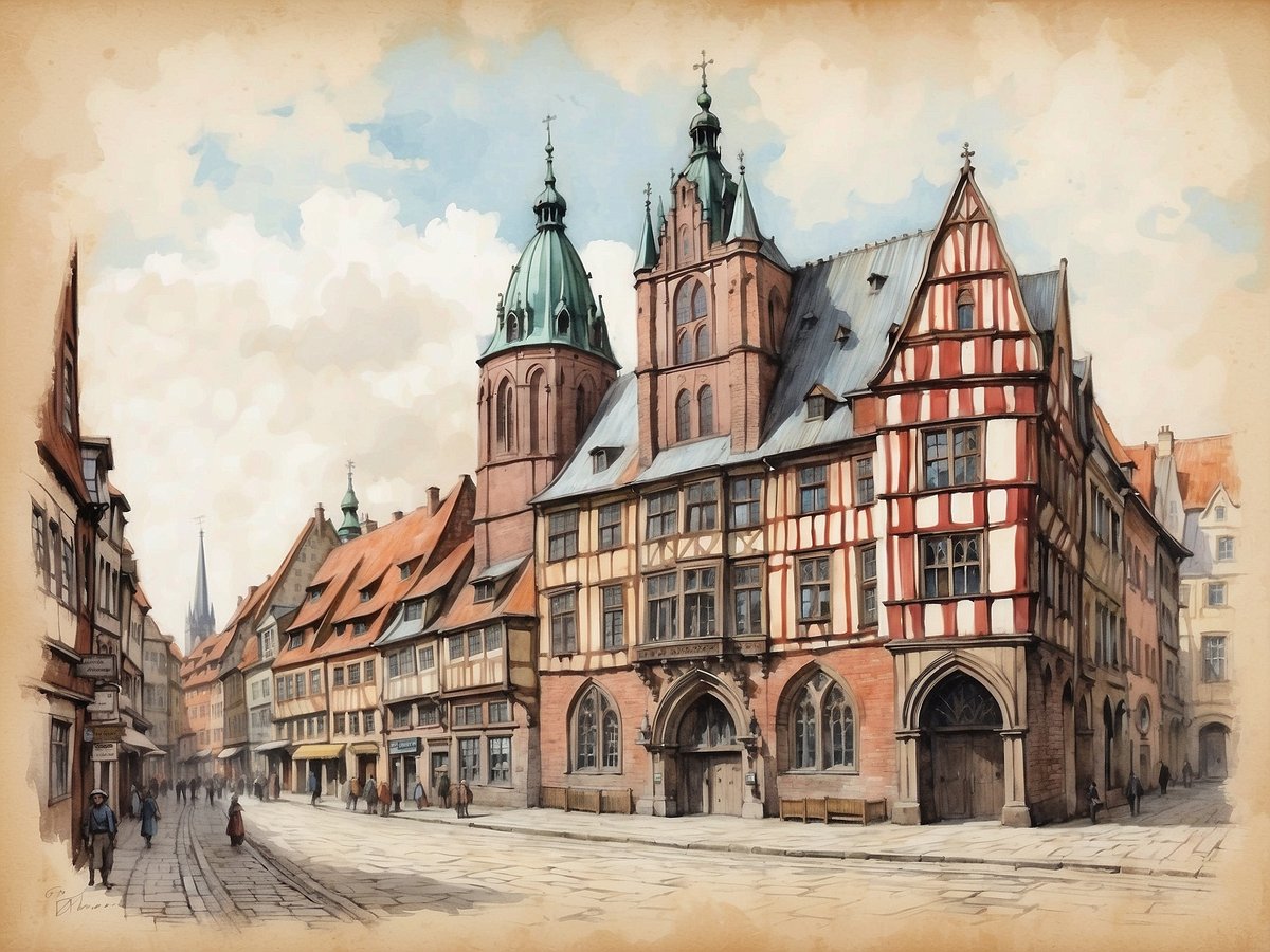 Das Bild zeigt eine malerische Straßenszene in einer historischen Stadt mit traditionellen Häusern, die teils mit Fachwerk gestaltet sind. Im Vordergrund sind mehrere Personen zu sehen, die die Straße entlanggehen. Im Hintergrund erhebt sich eine imposante Kirche mit Türmen und einer auffälligen Kuppelarchitektur. Die Gebäude sind farblich harmonisch gestaltet und vermitteln einen Eindruck von altertümlicher Architektur. Die Szene wirkt einladend und lebendig. Bremen wurde im Jahr 787 gegründet.