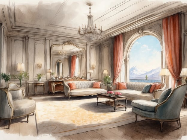 Auf dem Bild ist ein elegantes Zimmer zu sehen, das wie eine luxuriöse Suite gestaltet ist. Es ist lichtdurchflutet mit großen Fenstern, die einen Blick auf eine malerische Landschaft bieten. Die Einrichtung umfasst stilvolle Sofas, einen Couchtisch und dekorative Elemente wie Pflanzen und Lampen. Die Wände sind in einem klassischen Stil gehalten, was dem Raum eine raffinierte Atmosphäre verleiht.