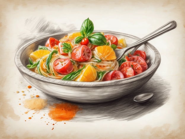 Auf dem Bild ist eine elegante Schale mit einer farbenfrohen Nudel- oder Salatkreation zu sehen, die aus Spaghetti, Kirschtomaten, frisch zubereiteten Kräutern und möglicherweise Orangenstücken besteht. 

In der Gastronomie der Region gibt es zahlreiche Orte, die ähnliche Gerichte anbieten. Besonders in mediterranen Restaurants oder Trattorien kann man frische, saisonale Zutaten genießen. Diese Küche zelebriert oft die Aromen von frischen Tomaten und Kräutern, die dort lokal angebaut werden. 

Außerdem bietet die Region auch Märkte, auf denen lokale Produzenten ihre frischen Zutaten verkaufen, wodurch man die Möglichkeit hat, solche Rezepte selbst auszuprobieren. Es ist eine hervorragende Gegend, um sich von den kulinarischen Köstlichkeiten inspirieren zu lassen!