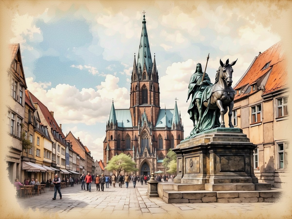 Die Ansicht zeigt eine belebte Straße mit historischen Gebäuden in Bremen. Im Hintergrund erhebt sich eine imposante Kirche mit einem hohen, spitzen Turm und zahlreichen kleinen Türmen. Vor der Kirche steht eine Statue eines Reiters auf einem Pferd, die den Blick auf sich zieht. Um die Statue und entlang der Straße sind Menschen zu sehen, die spazieren gehen oder in den Cafés sitzen. Die Umgebung ist von einer charmanten Atmosphäre geprägt, typisch für die Altstadt von Bremen.