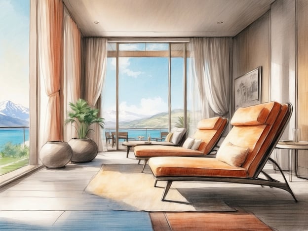 Auf dem Bild ist eine moderne und helle Lounge oder ein Wohnzimmer zu sehen, das eine Aussicht auf eine malerische Landschaft bietet, möglicherweise mit Wasser und Bergen im Hintergrund. Es gibt gemütliche Sessel, große Fenster, die viel Tageslicht hereinlassen, und einige dekorative Elemente wie Pflanzen und Tische.

Das NH Hotel in Zoetermeer bietet eine komfortable Unterkunft mit modernen Annehmlichkeiten und einem einladenden Ambiente. Gäste können in stilvollen Zimmern entspannen und die Einrichtungen wie ein Restaurant, Konferenzräume und Fitnessmöglichkeiten nutzen. Die Lage ermöglicht zudem einen einfachen Zugang zu den Sehenswürdigkeiten der Umgebung.