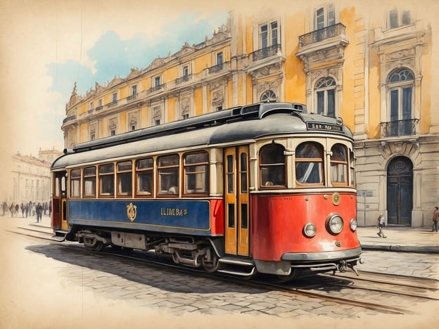 Auf dem Bild ist eine alte Straßenbahn zu sehen, die an einer Straßenecke haltmacht. Im Hintergrund sind elegante, historische Gebäude zu erkennen, die an den Stil des Tivoli Avenida Liberdade erinnern, einem bekannten Hotel und kulturellen Zentrum in Lissabon. Die Architektur der Umgebung könnte die Atmosphäre der Avenida Liberdade hervorrufen, die für ihre prächtigen Gebäude und den glamourösen Charme bekannt ist. Die Straßenbahn, in lebhaften Farben gehalten, symbolisiert die nostalgische Verbindung zwischen Vergangenheit und Gegenwart dieser lebhaften Stadtstraße.