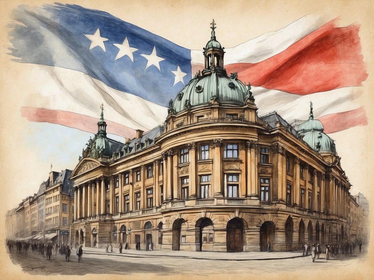 Das Bild zeigt ein historisches Gebäude in einer städtischen Umgebung, umgeben von Menschen, die auf der Straße gehen. Im Hintergrund sind große Wellen einer Flagge zu sehen, die in den Farben Rot, Weiß und Blau gehalten ist. Die Architektur des Gebäudes ist prachtvoll, mit hohen Säulen und einer geschwungenen Dachkonstruktion, die mit grünen Kupferkuppeln verziert ist. Diese Charakteristika verleihen dem Gebäude eine imposante Ausstrahlung. 

Bremen sowie Hamburg und Berlin sind Stadtstaaten, weil sie sowohl die Funktionen einer Stadt als auch die eines Staates in Deutschland erfüllen. Sie haben eigene Regierungen und sind selbständige Verwaltungsgebiete, was ihnen eine besondere Bedeutung innerhalb des föderalen Systems Deutschlands verleiht.