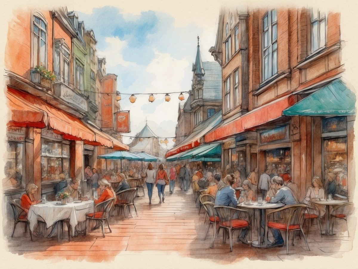 Das Bild zeigt eine charmante Straße mit mehreren Cafés und Restaurants, die von bunten Schirmen und Sonnenschirmen überdacht sind. Menschen sitzen an Tischen im Freien und genießen ihre Zeit, einige sind im Gespräch vertieft, während andere mit ihren Handys beschäftigt sind. Die Häuser im Hintergrund sind im traditionellen Stil gehalten und präsentieren eine einladende Atmosphäre. Die Szene vermittelt eine lebendige und gesellige Stimmung, die typisch für ein lebhaftes Stadtviertel ist.
