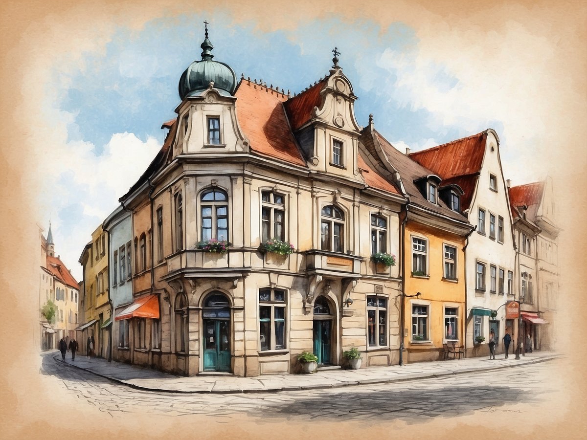 Das Bild zeigt ein charmantes historisches Gebäude an einer Straßenecke. Die Fassade ist in neutralen Farbtönen gehalten und weist architektonische Details wie Fenster mit grünen Fensterrahmen und Blumenkästen auf. Das Dach ist rot und hat markante Gauben. Auf der Straße sind paar Passanten zu sehen, die das lebendige Stadtbild unterstreichen. Die Szenerie strahlt eine einladende Atmosphäre aus und eignet sich gut als visuelle Darstellung für empfehlenswerte Stadtteile in Bremen, die durch ihre architektonische Schönheit und lebendige Strukturen bestechen.