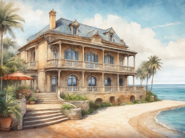 Auf dem Bild ist eine elegante Strandvilla zu sehen, die sich in einer malerischen Lage am Meer befindet. Die Architektur des Hauses ist im klassischen Stil gehalten, mit schönen Säulen und verzierter Fassade. Großzügige Fenster gewähren einen Blick auf den Strand und das Wasser. Um das Gebäude herum gibt es eine einladende Treppe, die von üppigen Pflanzen und Palmen gesäumt ist, sowie einen schattenspendenden Sonnenschirm. Die Kombination aus Strandlage und prächtiger Architektur verleiht der Szene einen idyllischen und luxuriösen Charme.