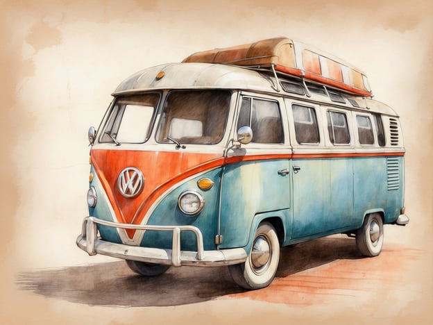 Auf dem Bild ist ein klassischer Volkswagen-Bus zu sehen. Der Bus ist in einer farbenfrohen Kombination aus Orange und Blau lackiert. Er hat ein charakteristisches Design mit großen Fenstern und einem Dachgepäckträger. Verzierung und Ausstattung deuten darauf hin, dass er für Reisen oder Camping verwendet werden könnte. Solche Fahrzeuge sind oft mit einer geeigneten Innenausstattung ausgestattet, die Schlafmöglichkeiten und Stauraum für Campingutensilien bietet.