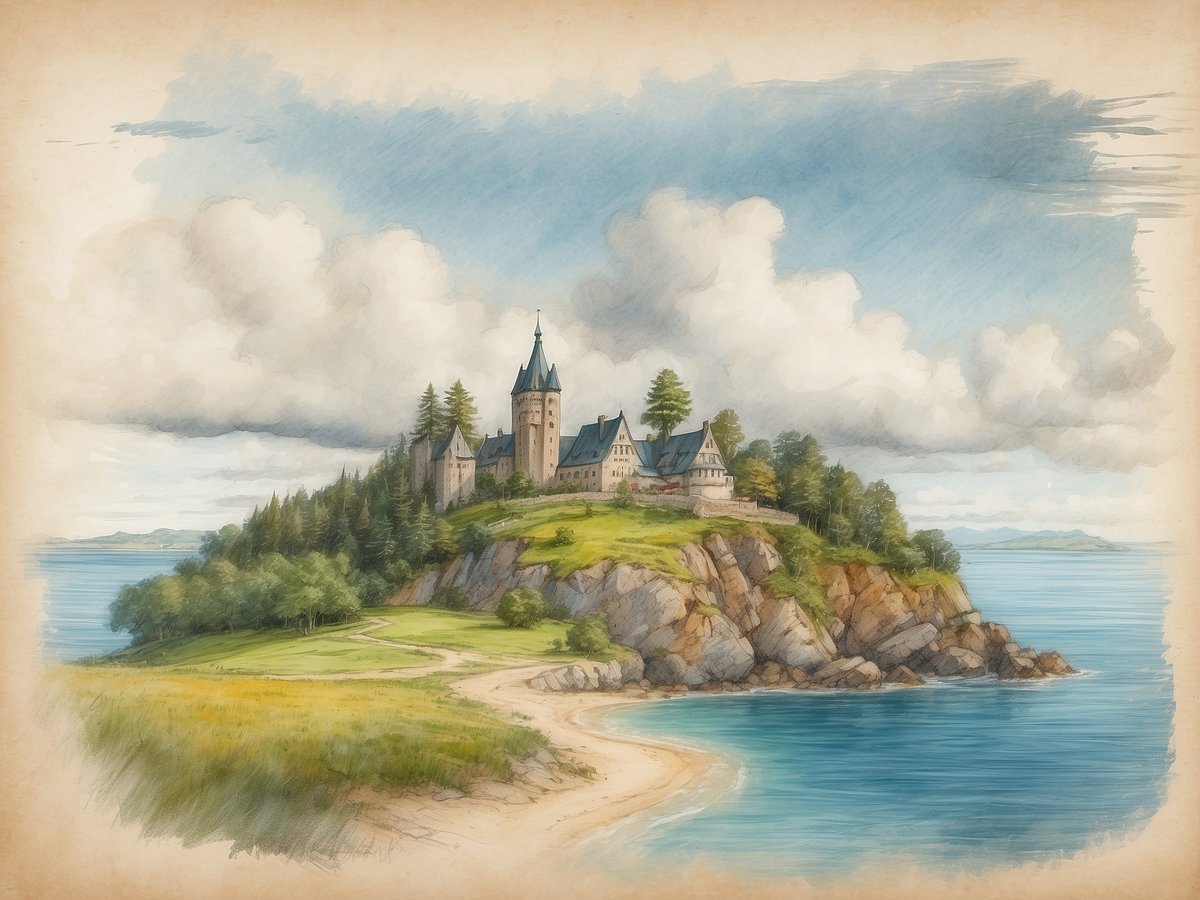 Eine malerische Landschaft zeigt ein Schloss auf einer Anhöhe, umgeben von Bäumen und Wiesen, die sanft zum Meer abfallen. Das Schloss hat viele Türme und ist von einem ruhigen Gewässer umgeben, während sich eine sanfte Küstenlinie mit einer kleinen Sandbucht erstreckt. Der Himmel ist leicht bewölkt, und die Gesamtatmosphäre ist friedlich und idyllisch. Wie lange dauert es von Deutschland aus nach Island zu fliegen.