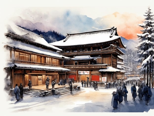 Auf dem Bild ist eine winterliche Szene zu sehen, die an die traditionelle Architektur Japans erinnert. Man sieht große Holzgebäude mit schneebedeckten Dächern und Menschen, die in warmen Kleidern umhergehen. Diese Art von Atmosphäre könnte eine Verbindung zum Après-Ski herstellen, insbesondere in einem Japan, wo man nach einem Tag auf der Piste in einem Onsen entspannen könnte. 

Die Unterhaltung in Japan könnte in solch einer Umgebung auch durch festliche Aktivitäten oder lokale Feste geprägt sein, die die kulturelle Vielfalt und die winterliche Schönheit der Region widerspiegeln.