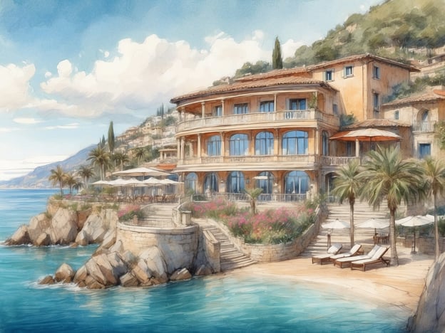 Auf dem Bild ist eine malerische Küstenlandschaft zu sehen, die ein elegantes Resort darstellt. Es zeigt ein wunderschönes Gebäude im mediterranen Stil, umgeben von Palmen und Blumen. Das Resort scheint direkt am Wasser zu liegen, mit einer kleinen Sandbucht und Liegen, die zum Entspannen einladen.

Das Tivoli Portopiccolo Sistiana Resort ist ein luxuriöses Hotel an der italienischen Adriaküste, bekannt für seinen atemberaubenden Blick auf das Meer und die umgebende Natur. Es bietet eine Kombination aus modernem Komfort und traditionellem italienischem Charme. Die Gäste können verschiedene Annehmlichkeiten genießen, darunter exquisite Restaurants, Wellnessangebote und Zugang zu Aktivitäten wie Wassersport und Wanderungen in der reizvollen Umgebung. Der Fokus liegt auf Entspannung und Erholung in einer traumhaften Kulisse.