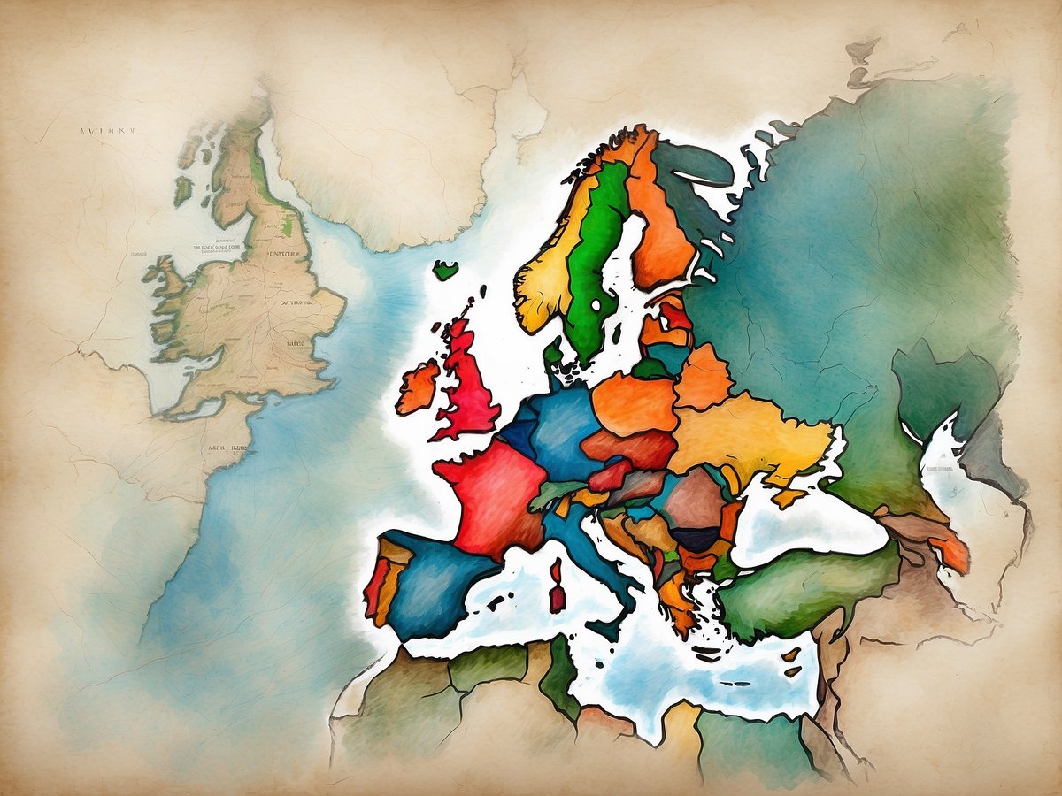 Die Karte zeigt eine farbenfrohe Darstellung von Europa mit verschiedenen Ländern, die durch unterschiedliche Farben hervorgehoben sind. Am oberen Rand befindet sich Großbritannien, während Island rechts oberhalb von Großbritannien eingezeichnet ist. Die Karte hat einen alten, gezeichneten Stil mit sanften Farben und einem vintage Aussehen. Auf welchem Kontinent liegt Island? Island liegt auf dem Kontinent Europa.