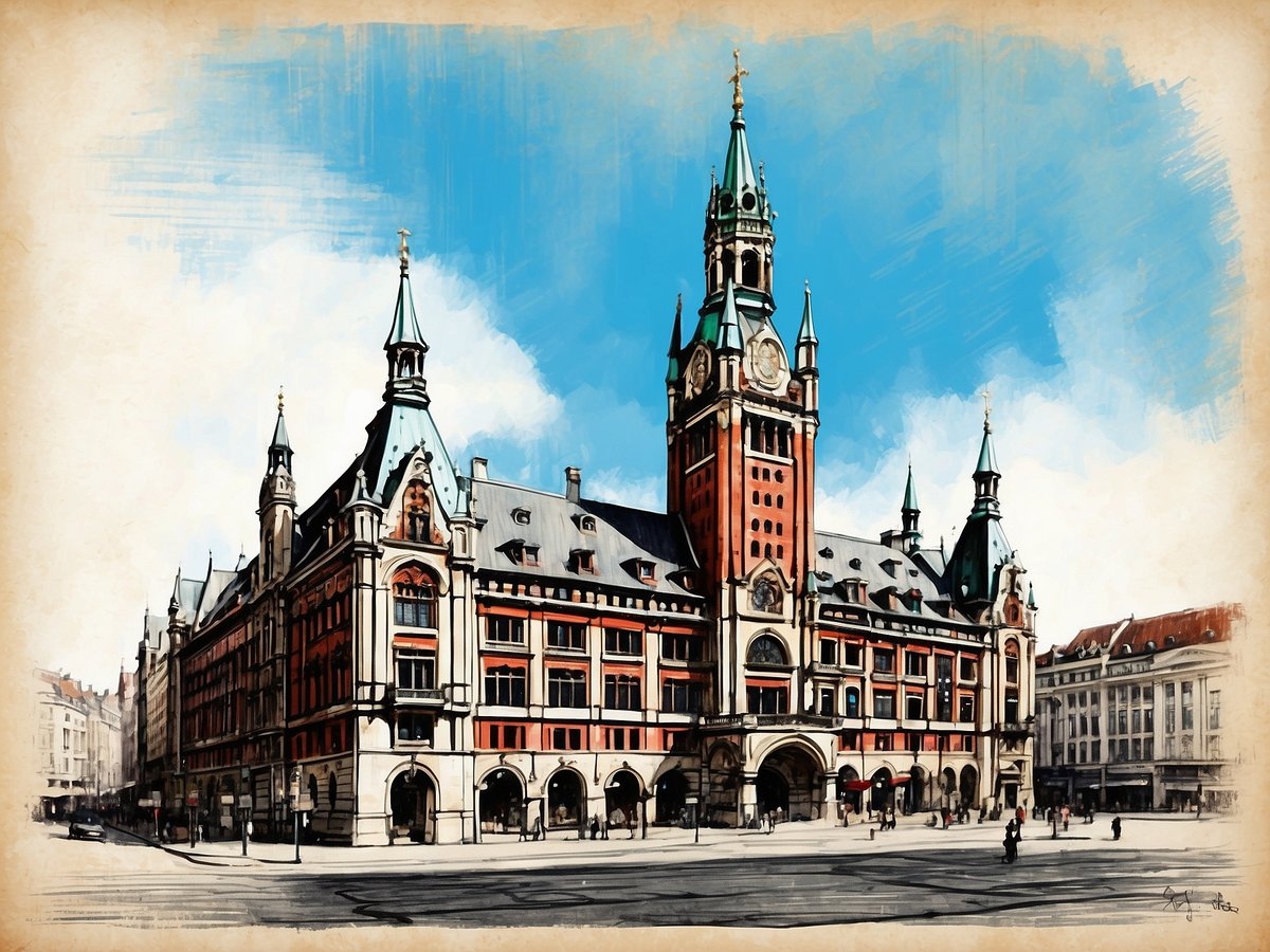 Das Bild zeigt das Hamburger Rathaus, ein imposantes historisches Gebäude im neogotischen Stil mit einer markanten Fassade aus roten Ziegeln und weißen Steinen. Das Rathaus ist mit Türmen und einer auffälligen Uhr geschmückt, die aus einer hohen Spitze emporragt. Der Himmel darüber ist klarblau mit vereinzelten Wolken, während die Straße vor dem Rathaus von Passanten belebt ist. Das Gebäude vermittelt einen Eindruck von historischer Bedeutung und architektonischer Pracht.