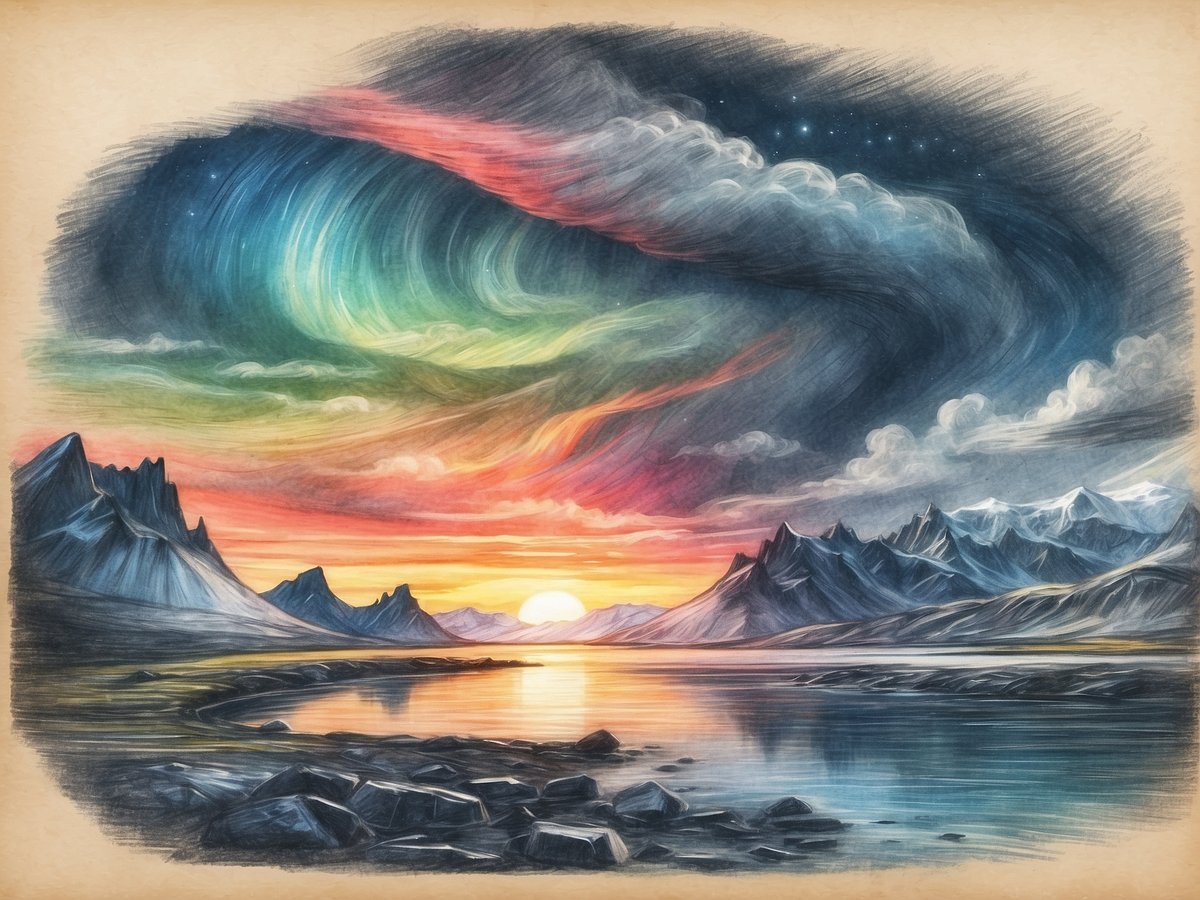 Eine malerische Landschaft in Island zeigt eine faszinierende Szenerie mit dramatischen Bergen und einer ruhigen Wasserfläche. Am Horizont geht die Sonne unter und taucht den Himmel in warme Farben von Orange und Rot, während sich grüne und blaue Lichter der Nordlichter über den Wolken bewegen. Die Berge im Hintergrund sind schneebedeckt, und das gesamte Bild vermittelt eine friedliche und mystische Atmosphäre. Ein Urlaub in Island ist besonders im Winter ideal, um die Nordlichter in ihrer vollen Pracht zu erleben.