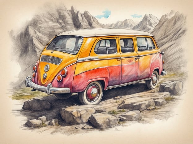 Auf dem Bild ist ein vintage Auto zu sehen, welches an einem felsigen Ort in den Bergen geparkt ist. Diese Art von Fahrzeug wird oft mit Reisen, Camping und Roadtrips assoziiert. Der bunte Anstrich des Autos vermittelt ein Gefühl von Nostalgie und Abenteuer. Solche Autos sind beliebt für Freizeitaktivitäten wie Ausflüge in die Natur, Wochenendausflüge oder Teilnahmen an Oldtimer-Treffen, wo Menschen eine entspannte Zeit im Freien verbringen und Gleichgesinnte treffen können.