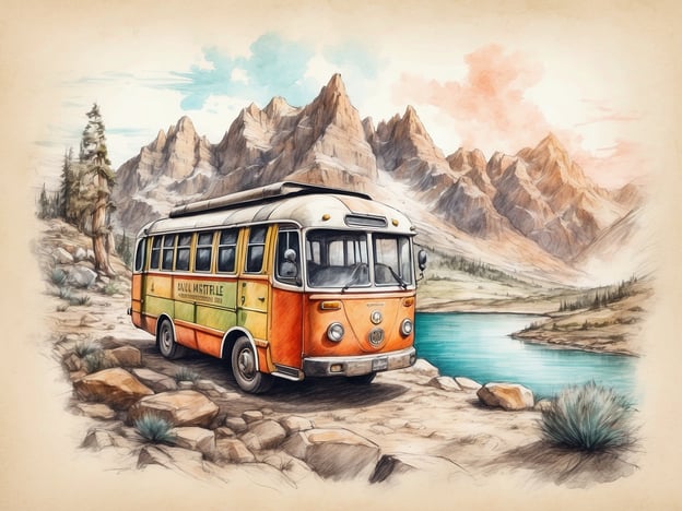 Auf dem Bild ist ein schöner, orangefarbener Bus zu sehen, der in einer malerischen, bergigen Landschaft parkt. In der Nähe fließt ein ruhiger See, umgeben von hohen Bergen und Bäumen. Diese Szenerie bietet zahlreiche Freizeitangebote und Aktivitäten wie:

1. **Camping**: Perfekt für ein Wochenende in der Natur.
2. **Wandern**: Die Berge laden zu ausgedehnten Wanderungen ein.
3. **Fotografie**: Die Landschaft bietet viele perfekte Motive.
4. **Angeln**: Der See ist ideal für Angelausflüge.
5. **Picknick**: Eine entspannte Mahlzeit im Freien mitten in der Natur.

Diese Umgebung ist ideal für Naturliebhaber und Abenteuersuchende!