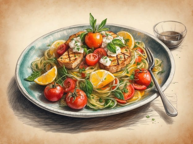 Auf dem Bild ist ein Teller mit einer köstlichen Pasta zu sehen, die mit gegrilltem Fisch, frischen Tomaten und Zitrusfrüchten angerichtet ist. Die Kombination aus den zarten Nudeln, dem aromatischen Fisch und den leuchtenden Farben der Zutaten sorgt für ein ansprechendes Gericht, das typisch für die kulinarischen Genüsse im allsun Hotel Eden Alcudia sein könnte. Hier kann man die mediterrane Küche in vollen Zügen genießen, ideal für Feinschmecker und Liebhaber gesunder Ernährung.