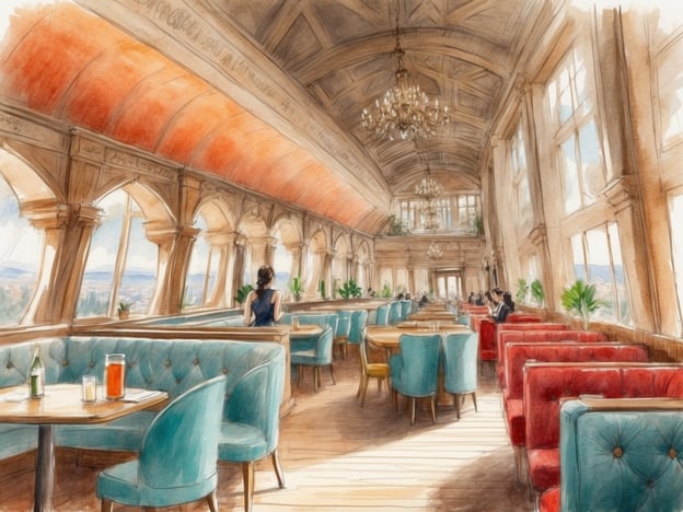 Auf dem Bild ist ein elegantes Restaurant oder Café mit einem lichtdurchfluteten und stilvollen Interieur zu sehen. Die hohen Decken und großen Fenster sorgen für eine helle Atmosphäre, während die geschmackvolle Einrichtung mit türkisfarbenen und roten Polstermöbeln eine gemütliche und ansprechende Umgebung schafft.

Basierend auf Erfahrungen und Bewertungen von Gästen könnte man sagen:

- **Ambiente**: Viele Gäste loben das ansprechende Design und die elegante Atmosphäre, die zum Verweilen einlädt.
- **Service**: Häufig wird der freundliche und aufmerksame Service hervorgehoben, der den Besuch zu einem besonderen Erlebnis macht.
- **Aussicht**: Einige Gäste genießen die Aussicht auf die Umgebung, da das Restaurant anscheinend in einer erhöhten Lage ist.
- **Essen und Trinken**: Bewertungen betonen oft die Qualität der Speisen und Getränke, die als köstlich und kreativ beschrieben werden.

Insgesamt wird das Bild durch eine harmonische Kombination von Stil, Komfort und exzellentem Service geprägt, was es zu einem beliebten Ort für entspannte Mahlzeiten und gesellige Treffen macht.