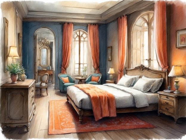 Auf dem Bild ist ein stilvolles Schlafzimmer zu sehen. Es wirkt gemütlich und elegant, mit einer großen Bettenanlage, die mit Kissen und einer Decke dekoriert ist. Die Wände sind in sanften Farben gehalten, und es gibt große Fenster mit Vorhängen in warmen Farbtönen. Ein Teppich liegt auf dem Boden und verleiht dem Raum eine angenehme Atmosphäre. In einer Ecke stehen zwei Sessel und ein Tisch, die eine Sitzgelegenheit bieten. Zudem sind einige Möbelstücke wie eine Kommode und ein Schminktisch im Raum vorhanden, die den Komfort und die Funktionalität des Zimmers erhöhen. Das Gesamtbild vermittelt ein Gefühl von Ruhe und Eleganz, ideal für eine Unterkunft zum Entspannen.